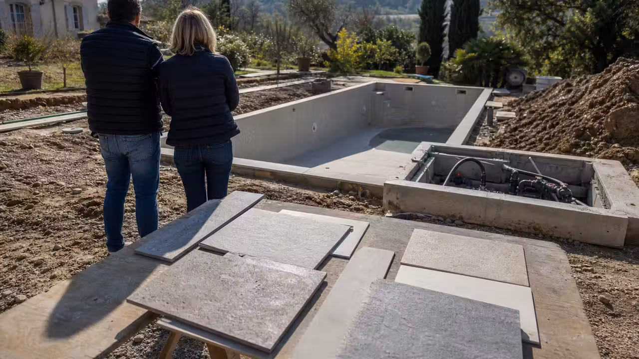 Piscine privée en chantier avec terrassement, local technique et échantillons de revêtement au premier plan