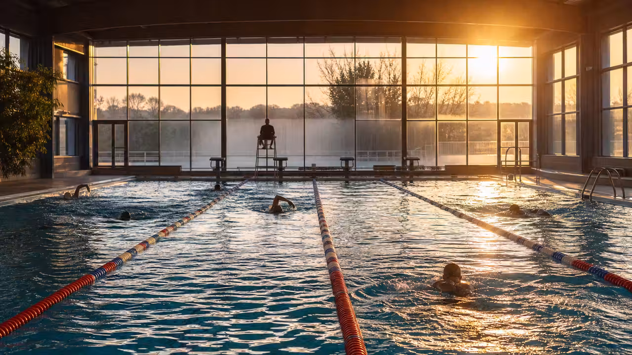 Nageurs adultes dans les lignes d’une piscine publique éclairée par la lumière douce du matin