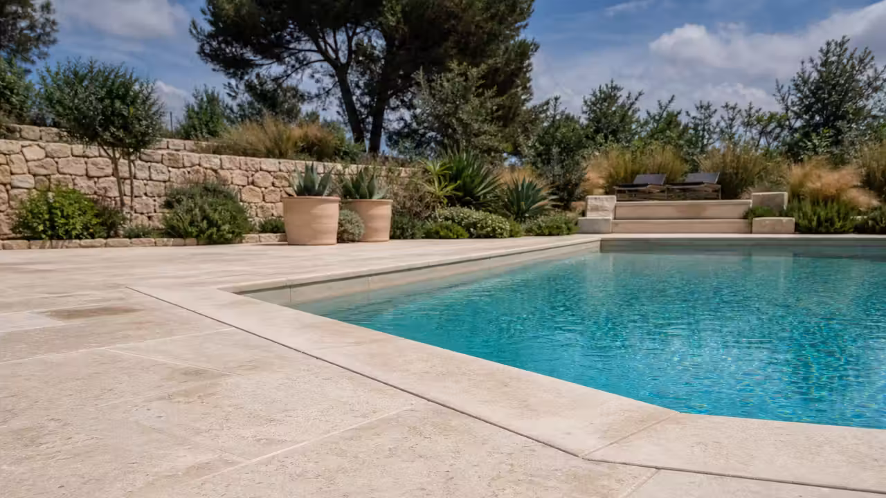 Margelles en pierre claire posées au bord d’un bassin contemporain avec terrasse minérale et végétation