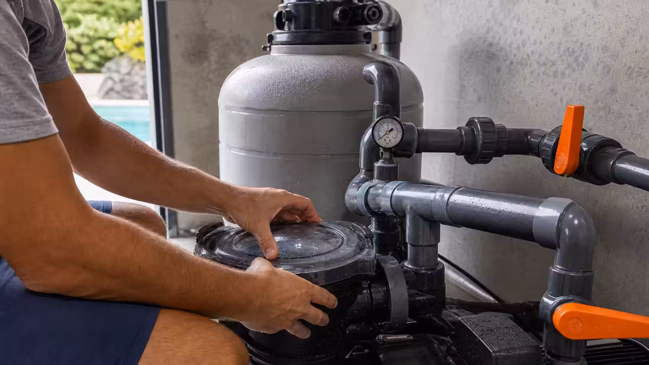 Technicien contrôlant le préfiltre transparent et les vannes d’une pompe de piscine en local technique