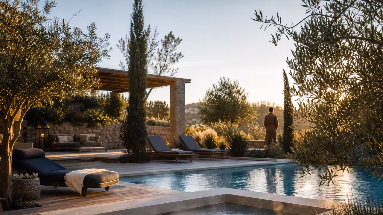Spa encastré au bord d’une piscine avec terrasse en bois, végétation et lumière douce de fin de journée