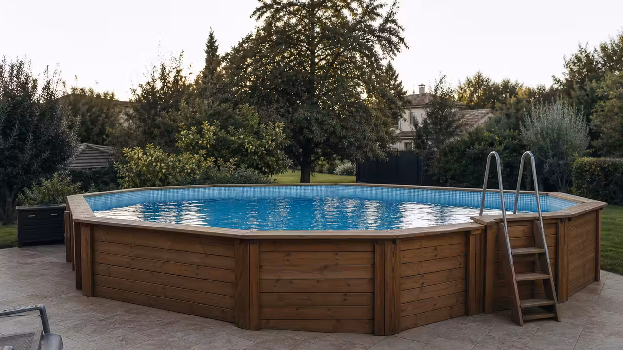 Piscine hors-sol rigide en bois installée sur une terrasse plane dans un jardin familial arboré