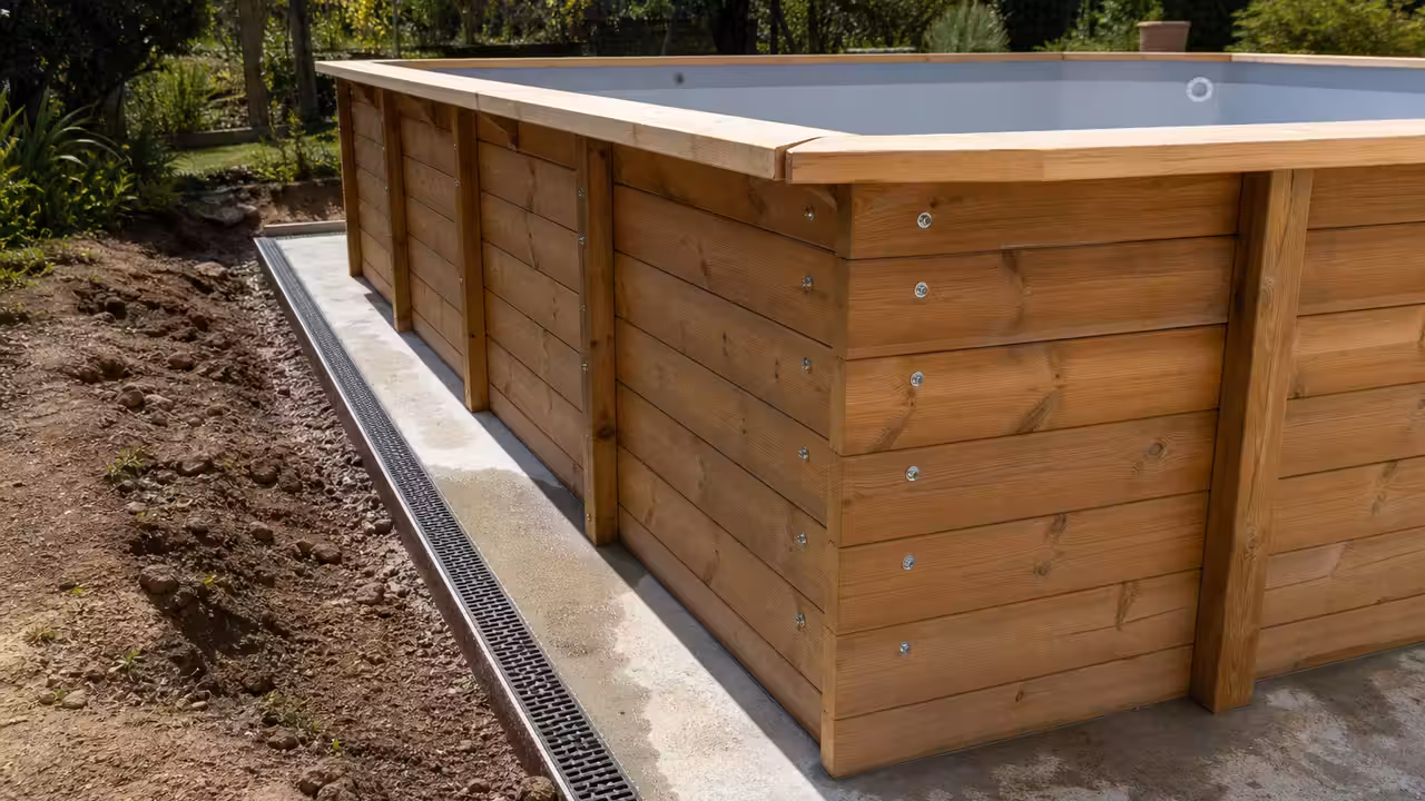 Structure de piscine hors-sol en bois avec margelles, parois emboîtées et terrasse dans un jardin