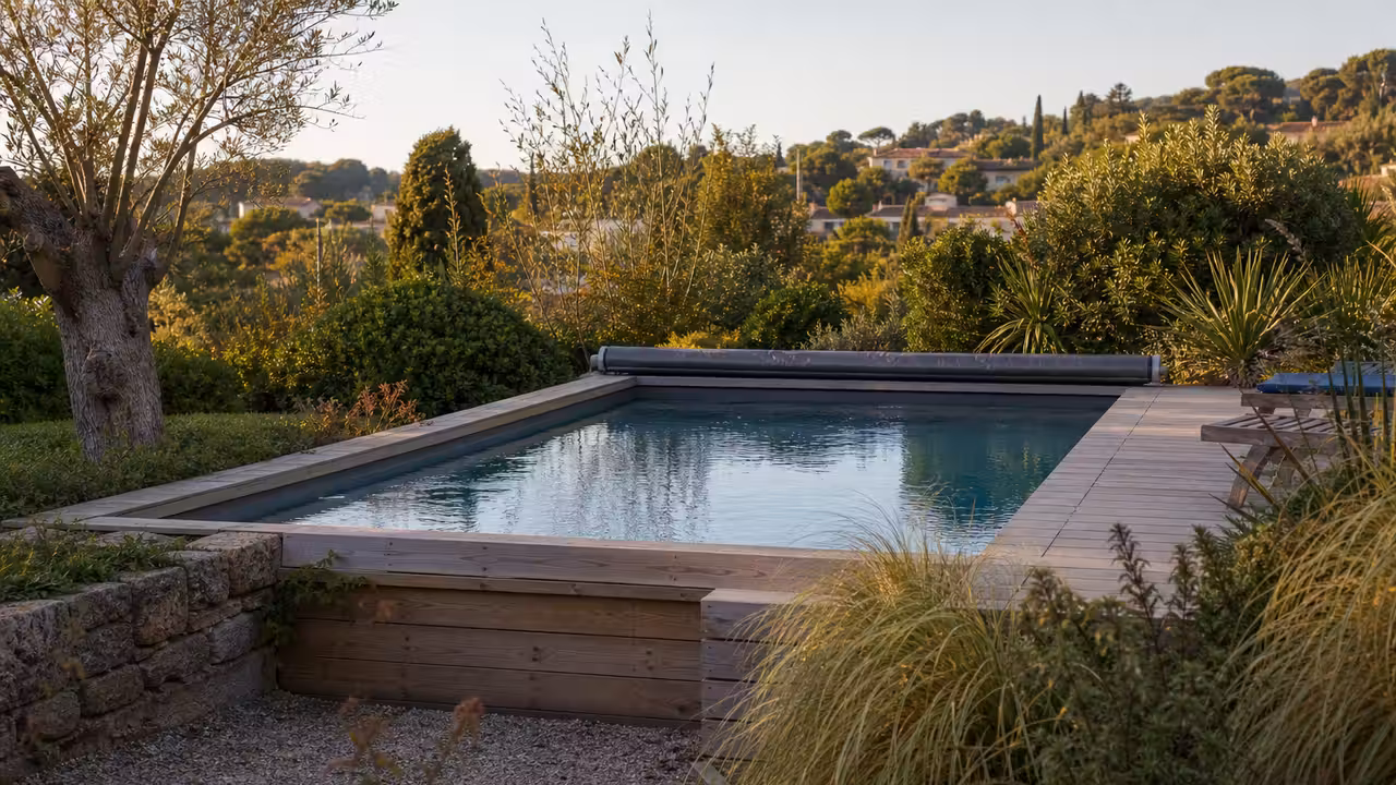 Piscine en bois semi-enterrée bordée d'une terrasse, intégrée dans un jardin arboré et lumineux