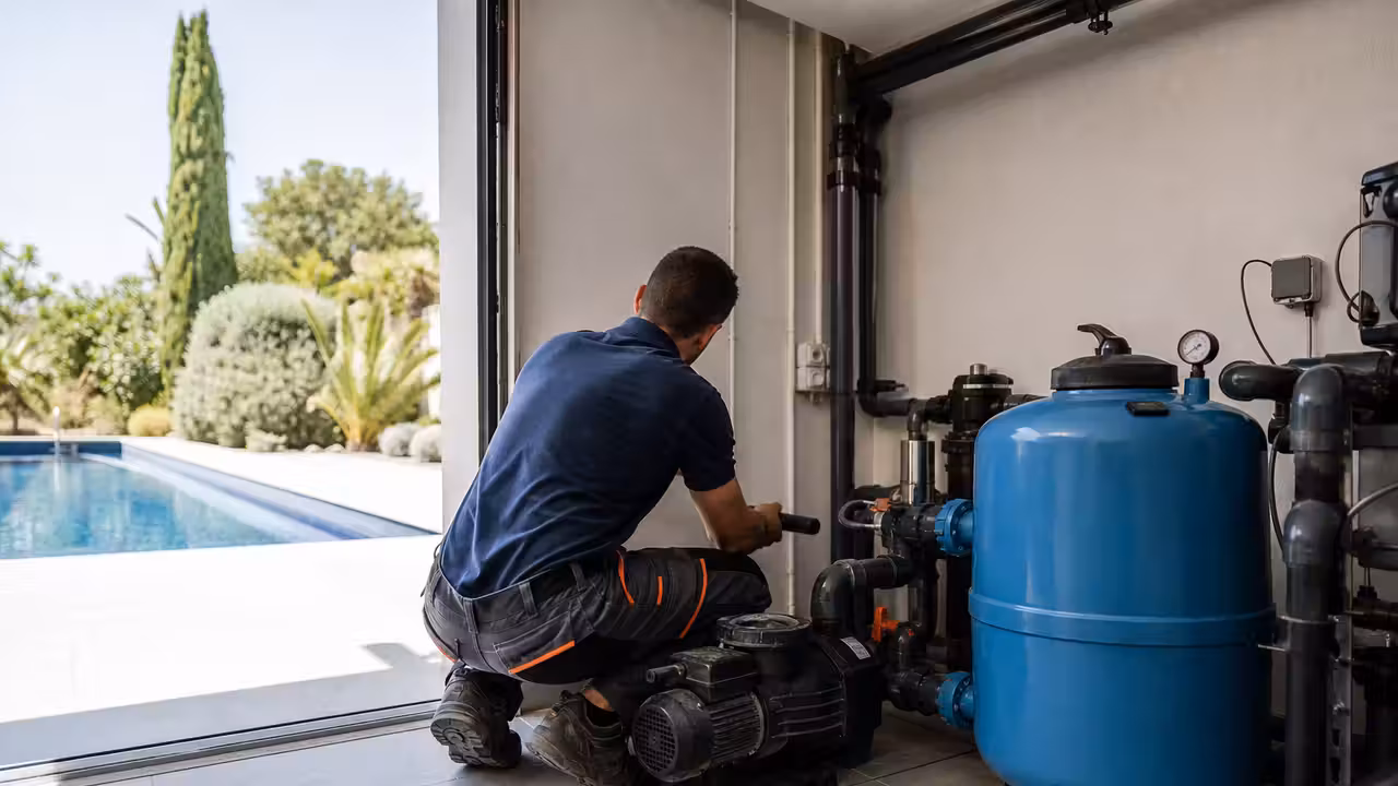 Technicien contrôlant la filtration d’une piscine résidentielle moderne dans un jardin américain