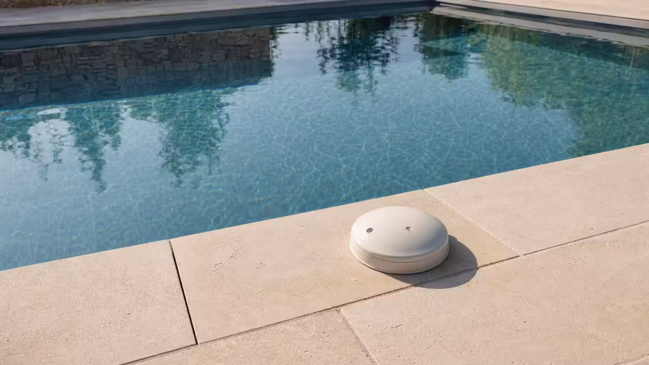 Alarme d’immersion fixée sur la margelle d’une piscine privée, près d’une eau calme et d’une terrasse dégagée