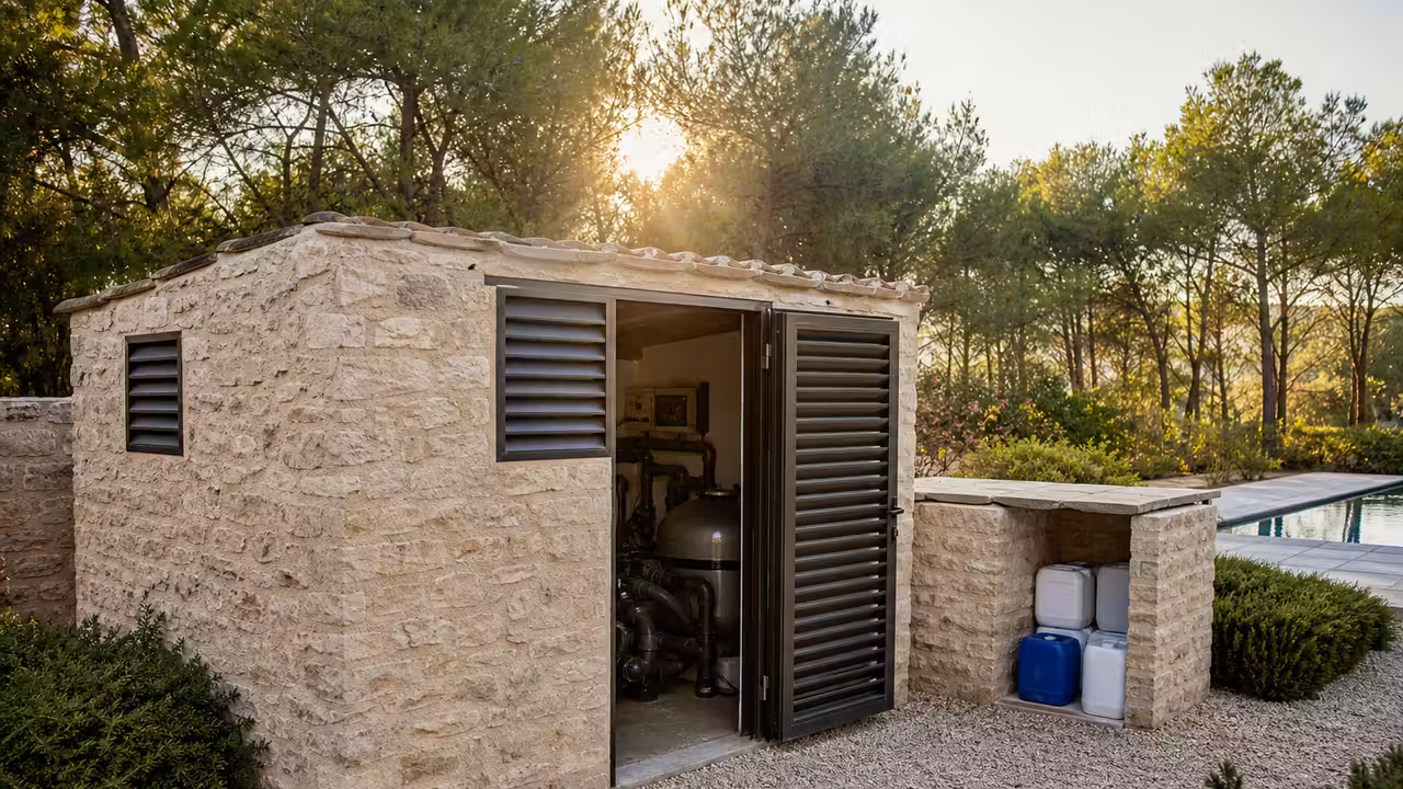 Local technique de piscine ventilé et dégagé de végétation sèche près d’un bassin extérieur