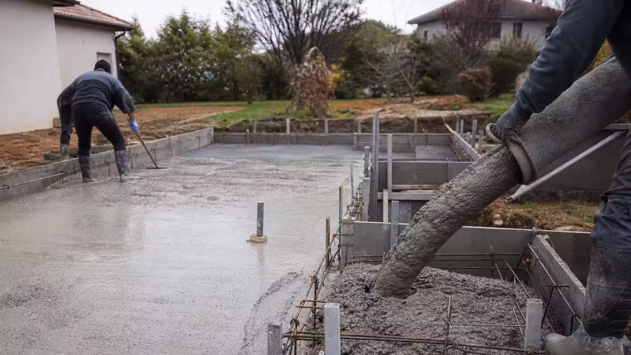 Coulage d’une paroi de piscine en béton armé dans un coffrage, avec armatures visibles au premier plan