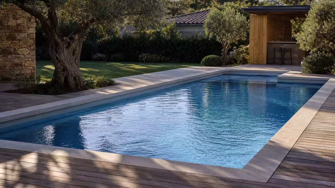 Piscine enterrée rectangulaire avec terrasse en bois dans un jardin résidentiel soigneusement aménagé