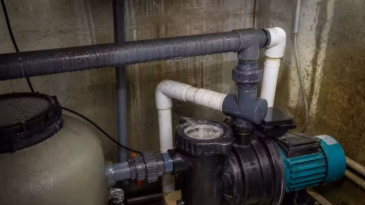 Local technique de piscine avec des gouttelettes de condensation sur les canalisations et le mur