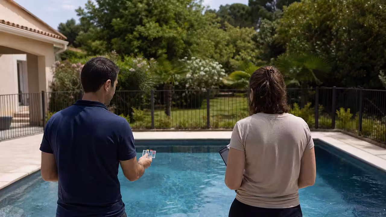 Contrôle de l’eau et des abords d’une piscine privée avant une location entre adultes