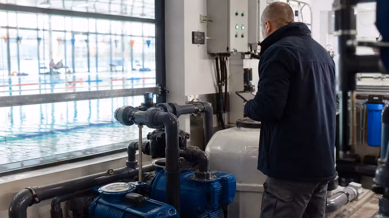 Technicien contrôlant les équipements de filtration d’un centre aquatique avant la réouverture du bassin