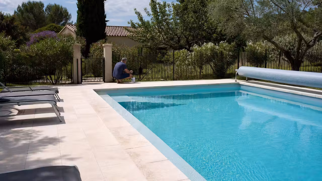 Un propriétaire vérifie la qualité de l’eau d’une piscine privée sécurisée avant une location.