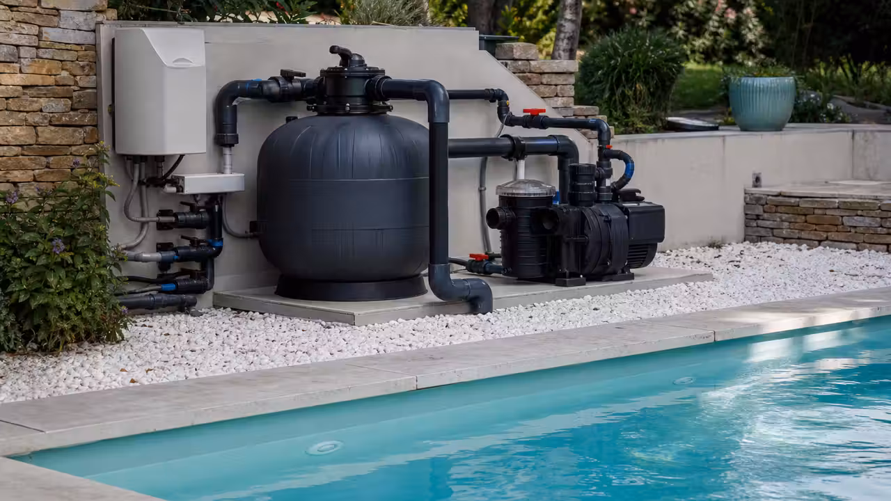 Équipements de filtration et boîtier connecté installés près d’une piscine familiale moderne