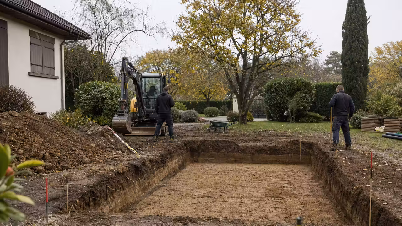 Terrassement d’une piscine enterrée dans un jardin à l’automne, avec engin et sol préparé