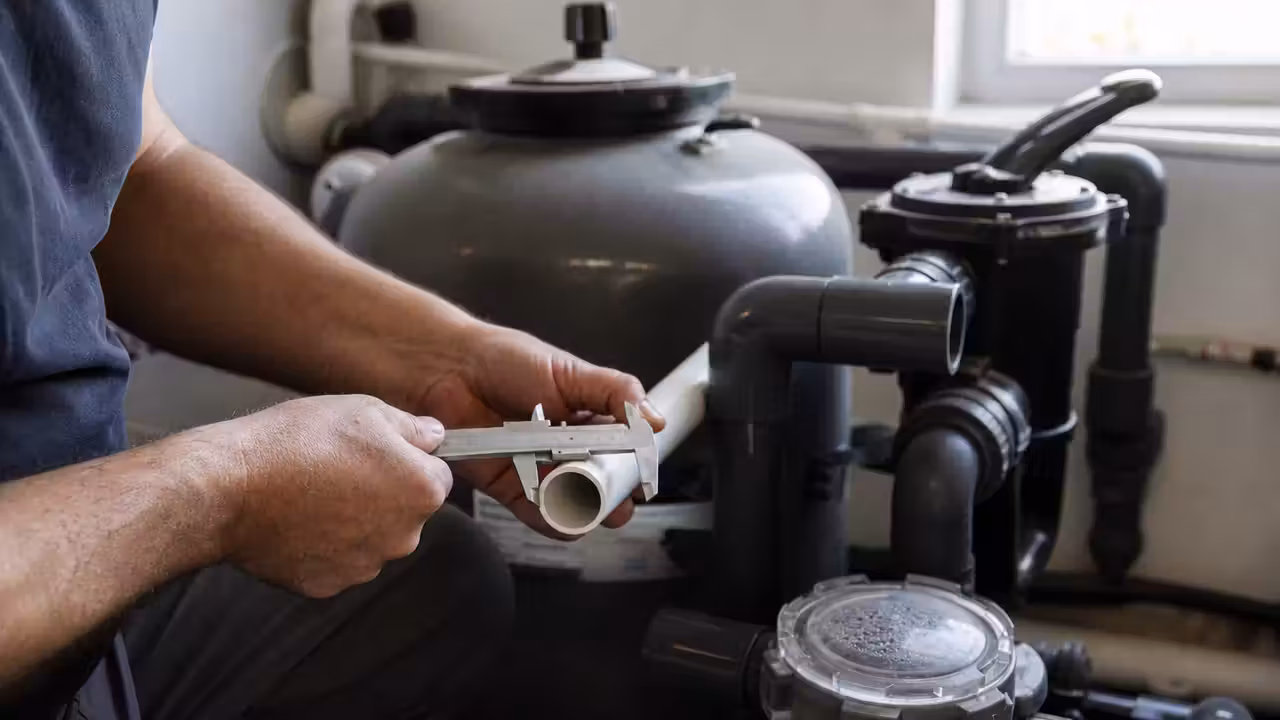 Mesure au pied à coulisse du diamètre extérieur d’un tube PVC de filtration de piscine