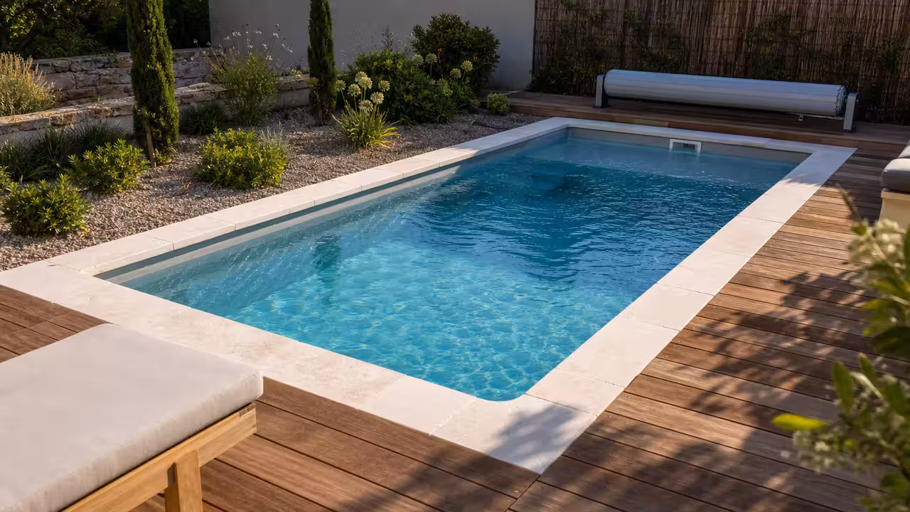 Mini-piscine rectangulaire enterrée dans un petit jardin, bordée d’une terrasse en bois et de plantations