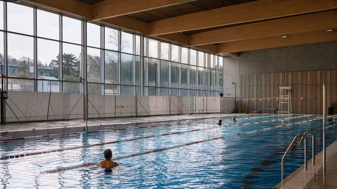 Bassin intérieur de 50 mètres avec façade vitrée et zone de travaux sécurisée dans une piscine municipale