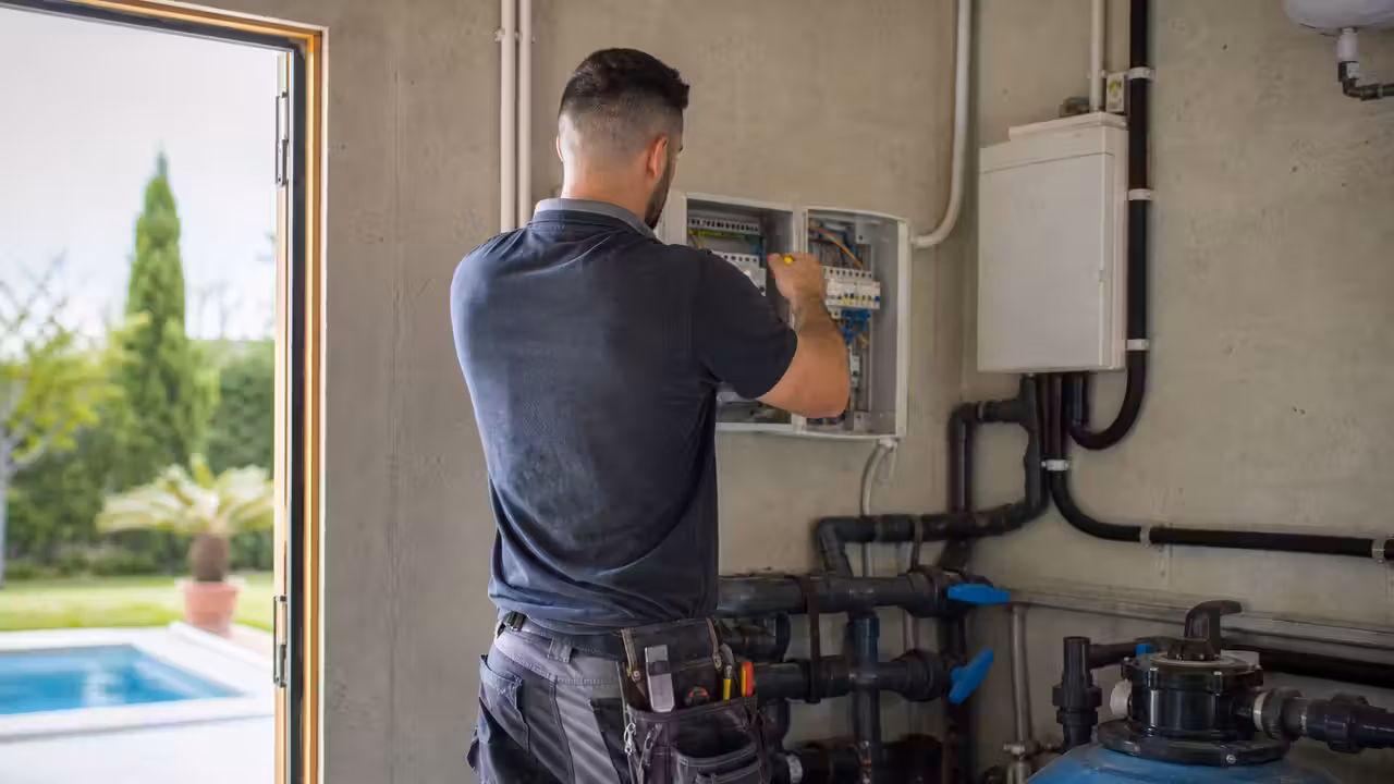 Technicien contrôlant les connexions de terre dans le coffret électrique d’une piscine extérieure