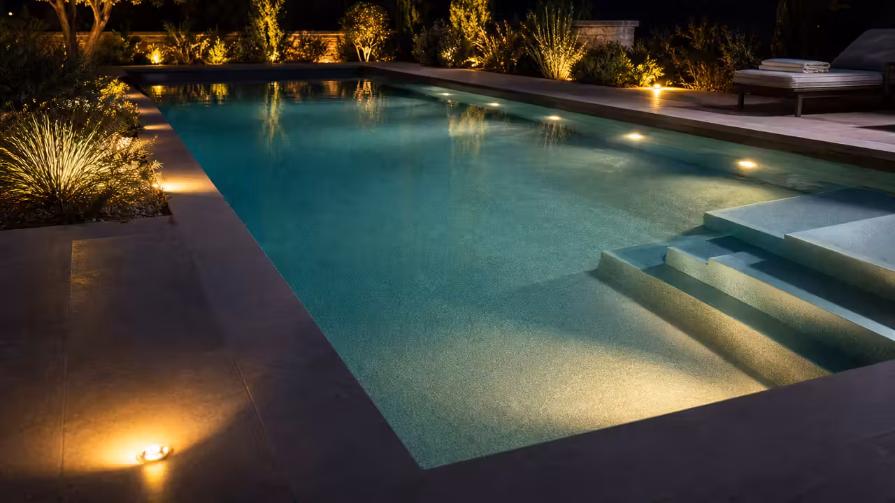 Piscine privée éclairée la nuit, avec margelles dégagées, terrasse sobre et végétation en arrière-plan