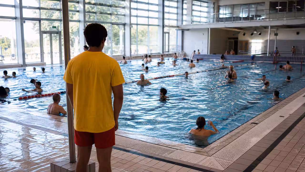 Bassin intérieur de piscine municipale fréquenté, avec maître-nageur surveillant les baigneurs depuis le bord
