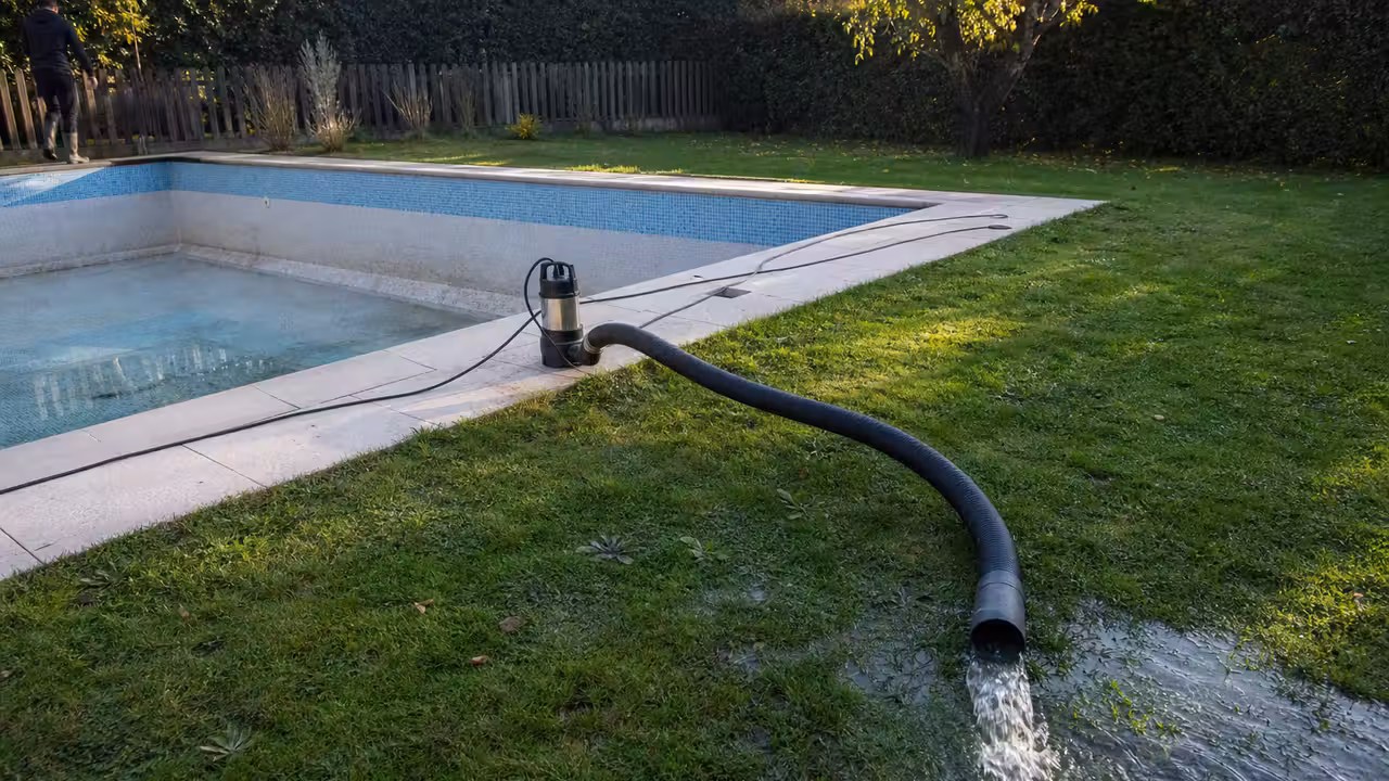 Pompe vide-cave posée sur la margelle d'une piscine à moitié vidée, tuyau noir déversant l'eau sur la pelouse du jardin