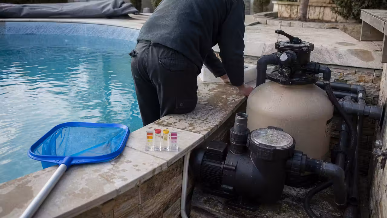 Propriétaire contrôlant la filtration et la qualité de l’eau lors de l’ouverture printanière d’une piscine