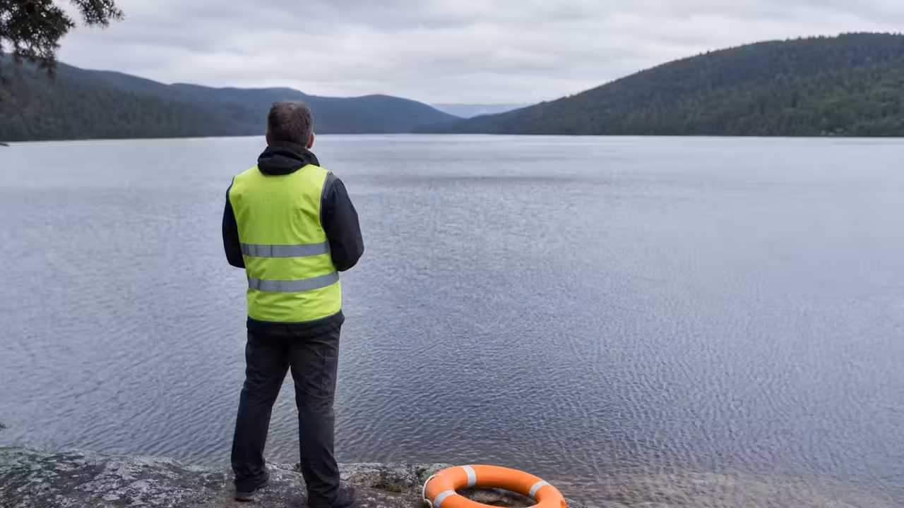 Sauveteur adulte en gilet de sécurité observant un lac depuis une berge rocheuse avec une bouée