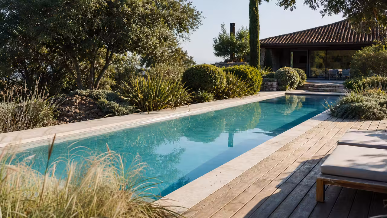 Piscine rectangulaire contemporaine bordée de pierre claire, végétaux sobres et terrasse en bois au soleil