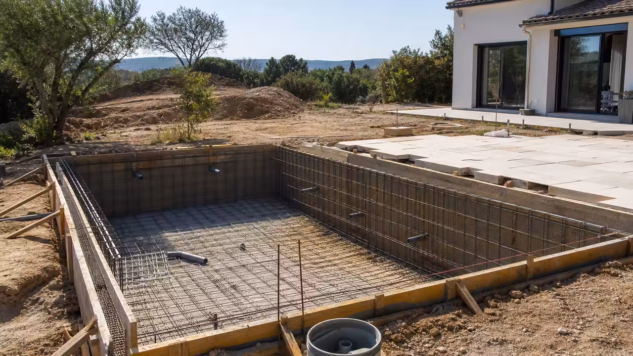 Chantier de piscine maçonnée près d’une maison, avec coffrage, ferraillage et terrasse en préparation
