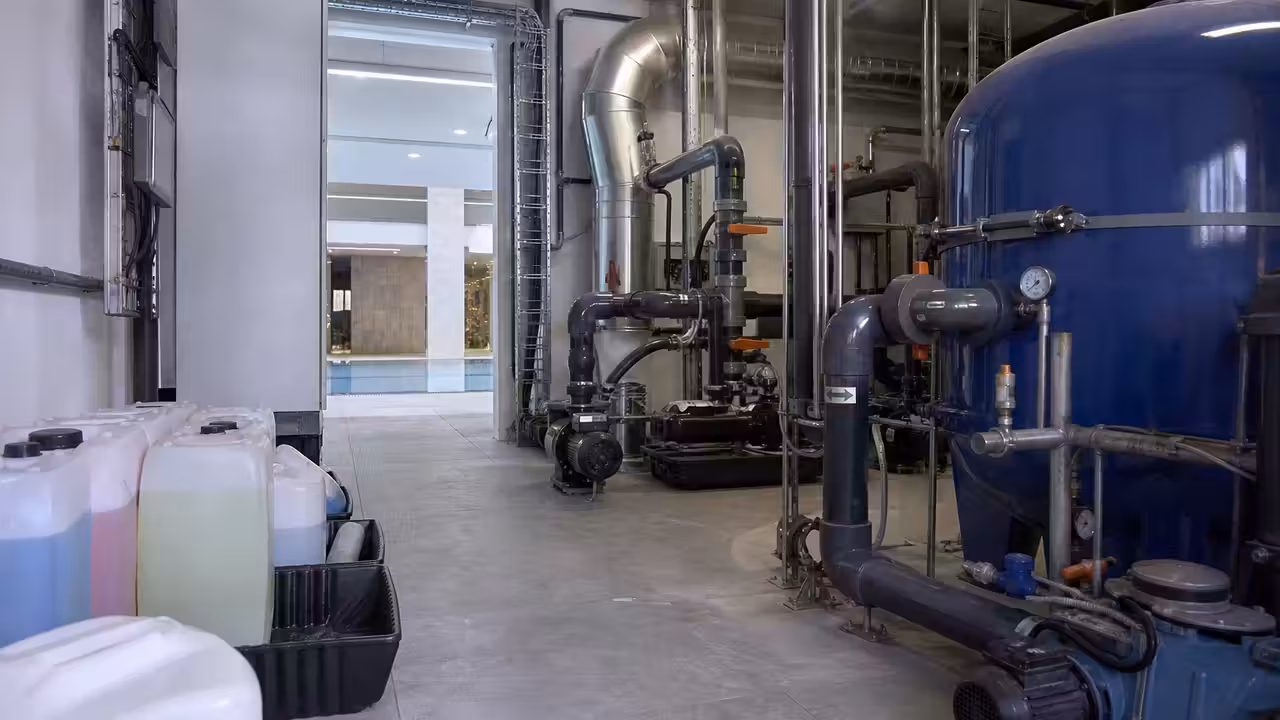 Local technique de piscine avec pompes de filtration, tuyaux de traitement et ventilation apparente