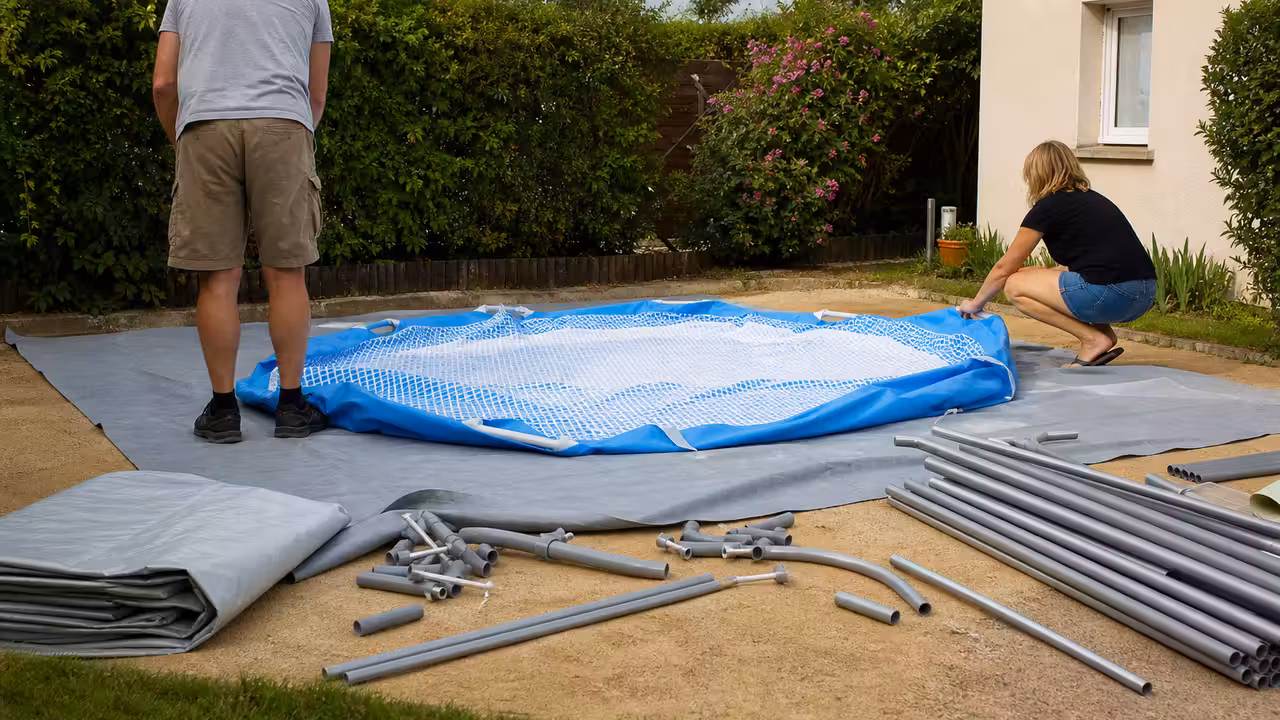 Piscine hors-sol tubulaire en cours de montage sur un terrain plat protégé par un tapis de sol