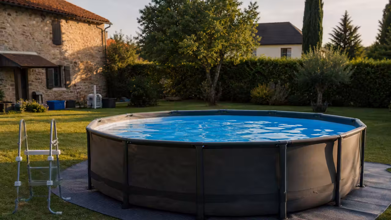 Piscine tubulaire ronde installée sur un jardin plat, avec échelle amovible et sans terrasse maçonnée