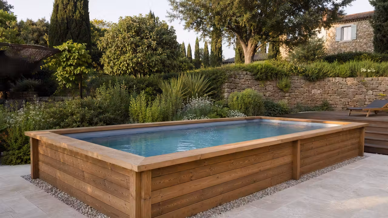 Piscine en bois rectangulaire sur terrasse, entourée d’un jardin et d’un drainage discret