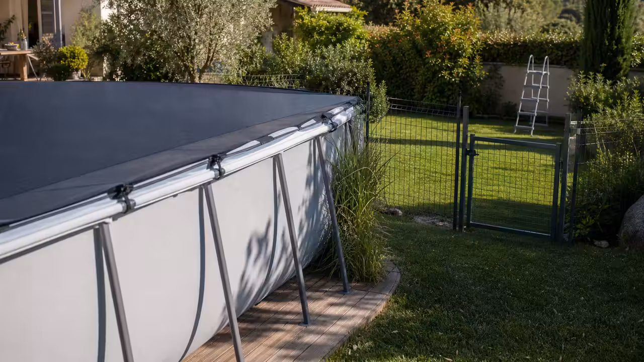Piscine hors-sol tubulaire dans un jardin, avec échelle retirée et accès sécurisé autour du bassin