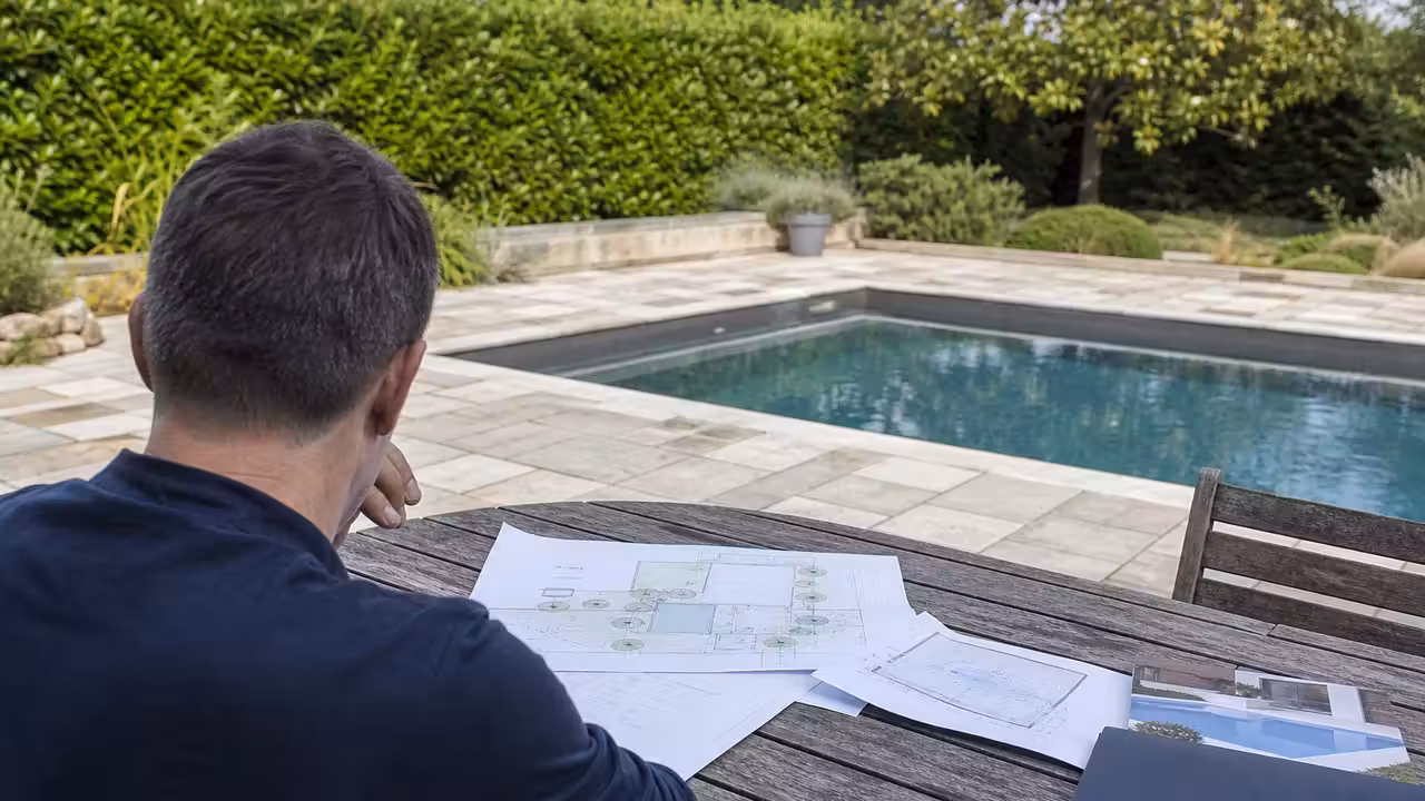 Un propriétaire vérifie les plans de sa piscine devant son jardin avant une déclaration en mairie.