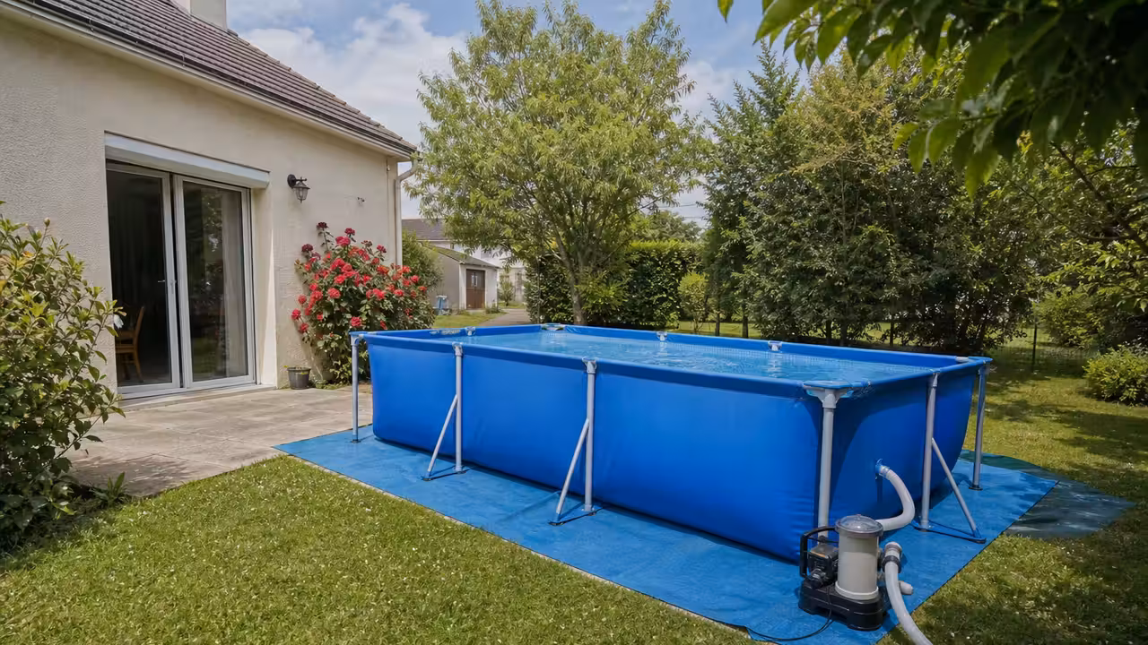 Piscine tubulaire rectangulaire installée sur un jardin plat avec tapis de sol et filtration latérale