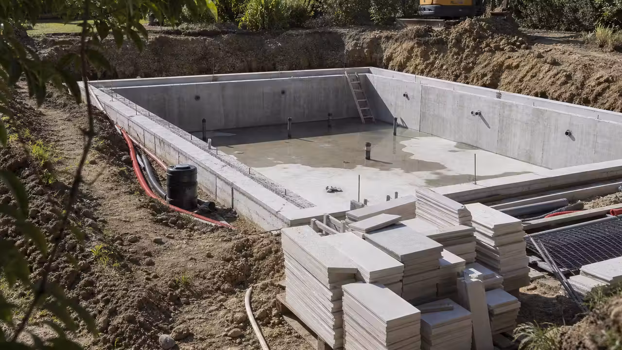 Chantier d’une piscine enterrée avec terrassement, structure du bassin et matériaux rangés dans un jardin.