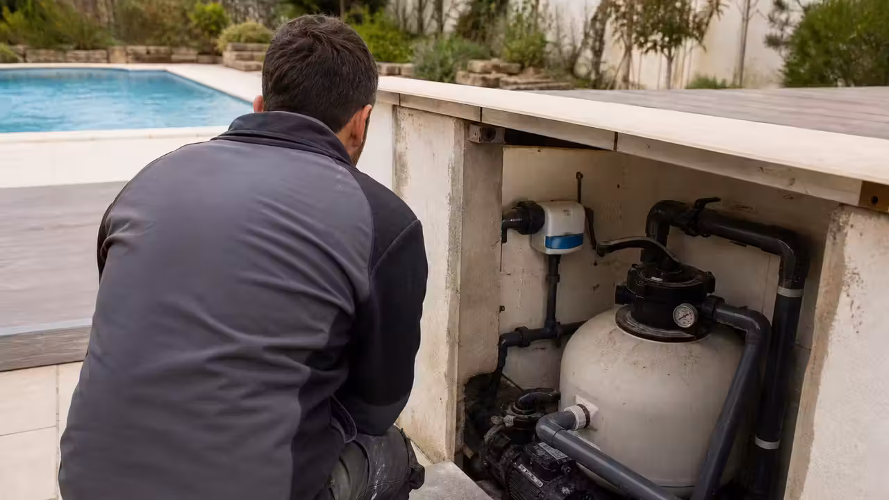 Technicien contrôlant les équipements d’un local technique de piscine lors d’une rénovation résidentielle