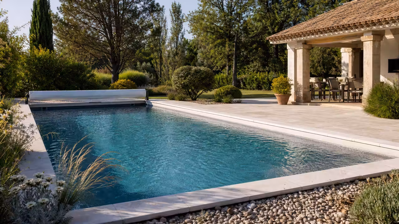 Piscine enterrée familiale avec terrasse en pierre, couverture enroulée et jardin arboré en été