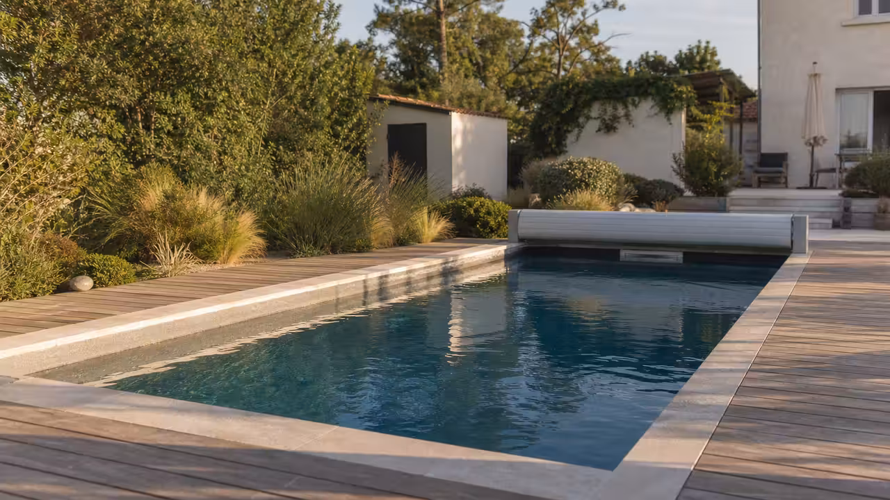 Piscine rectangulaire enterrée avec terrasse en bois, jardin paysager et couverture discrète repliée