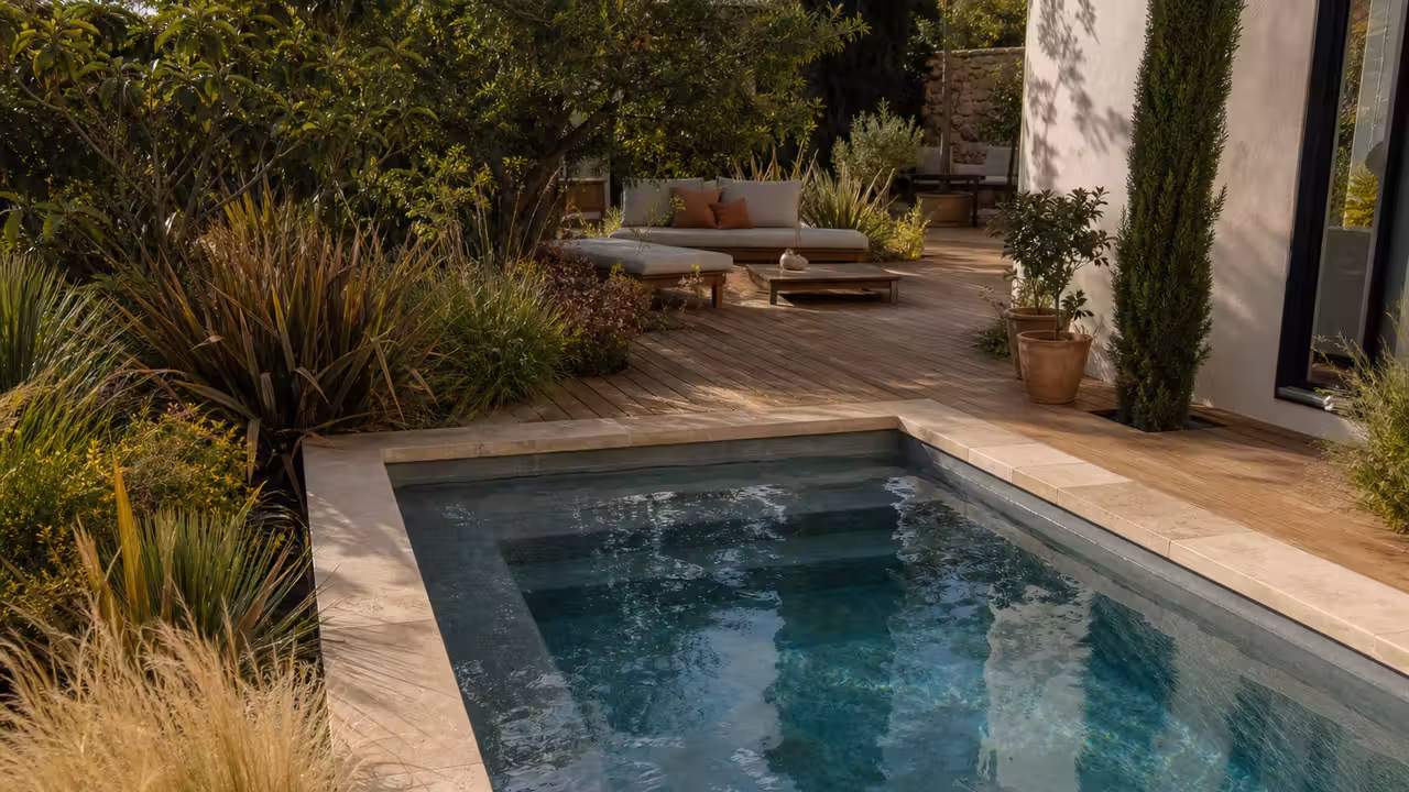 Mini-piscine rectangulaire intégrée à une terrasse en bois dans un petit jardin contemporain végétalisé
