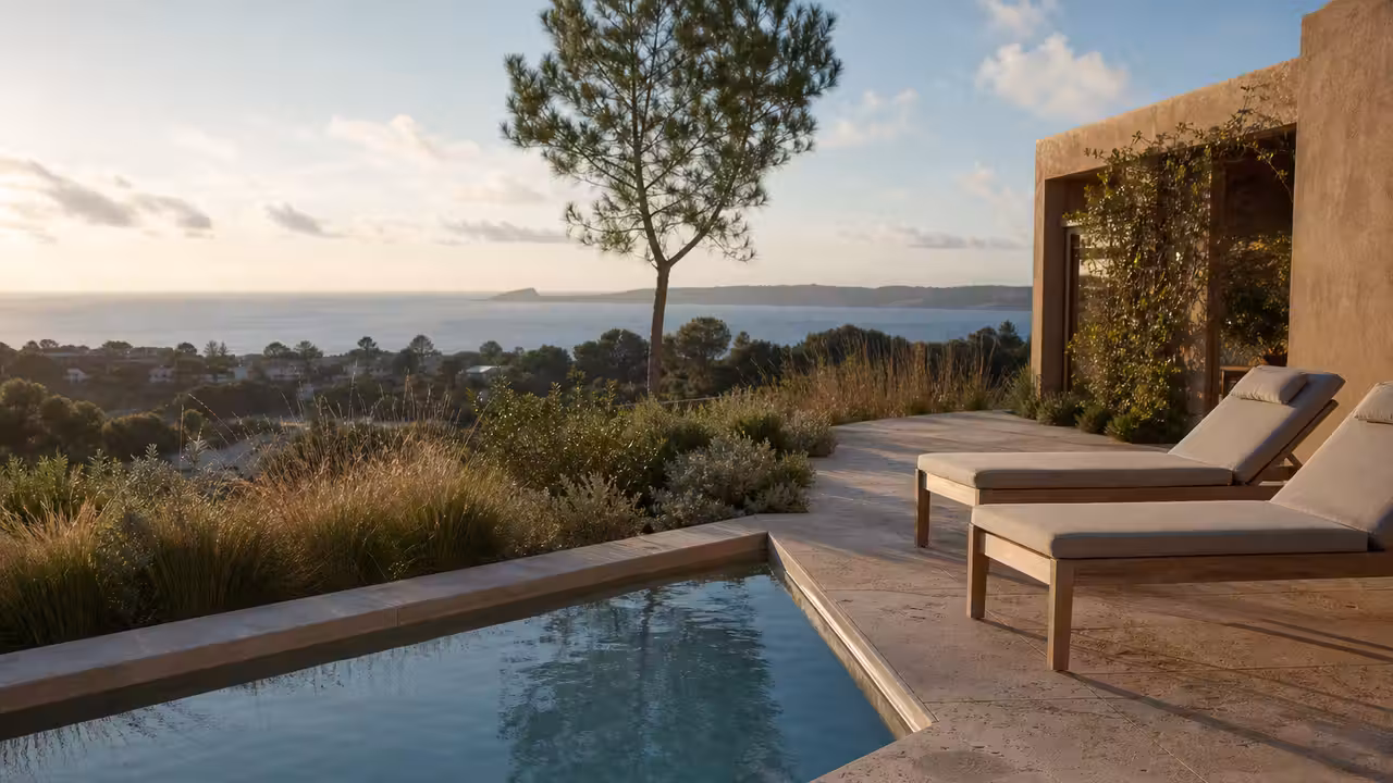 Terrasse d’une suite d’hôtel avec petit bassin privatif chauffé et transats, ouverte sur un paysage côtier