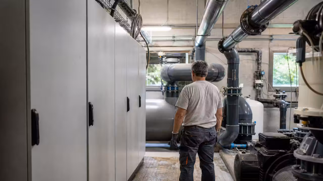 Local technique d’une piscine publique avec tableaux électriques et équipements de filtration contrôlés