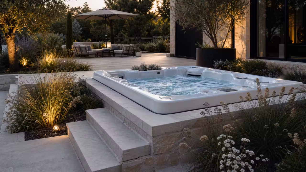 Aménagement extérieur avec spa encastré, terrasse minérale, végétation et éclairage discret en fin de journée