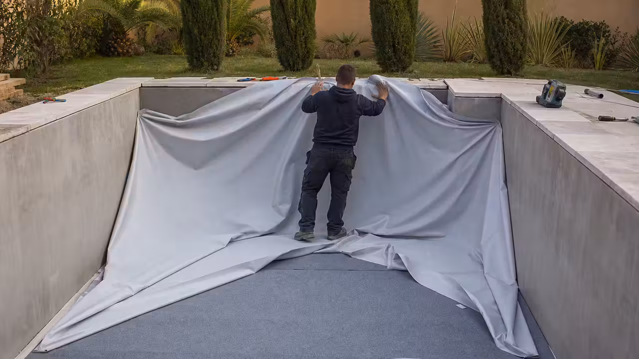 Pose d’un liner gris clair dans une piscine rectangulaire en béton avant la mise en eau