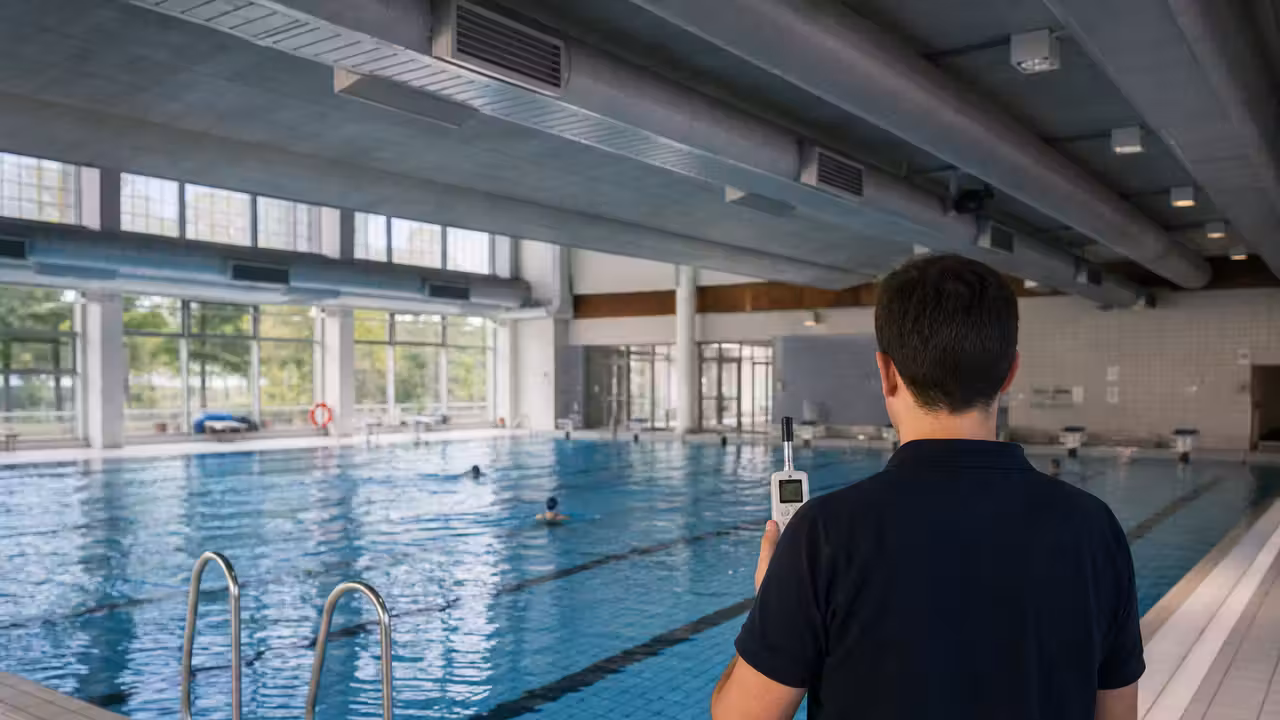 Hall de piscine couverte avec lignes d’eau, ventilation haute et nageurs vus de dos à distance
