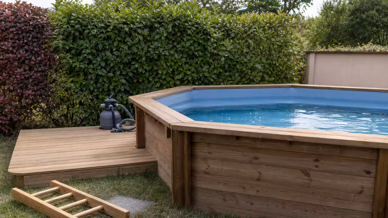 Piscine hors-sol en bois installée dans un jardin avec échelle retirée et terrasse en arrière-plan
