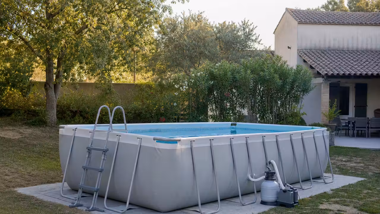 Piscine hors sol tubulaire installée sur un jardin nivelé, avec échelle relevée et groupe de filtration