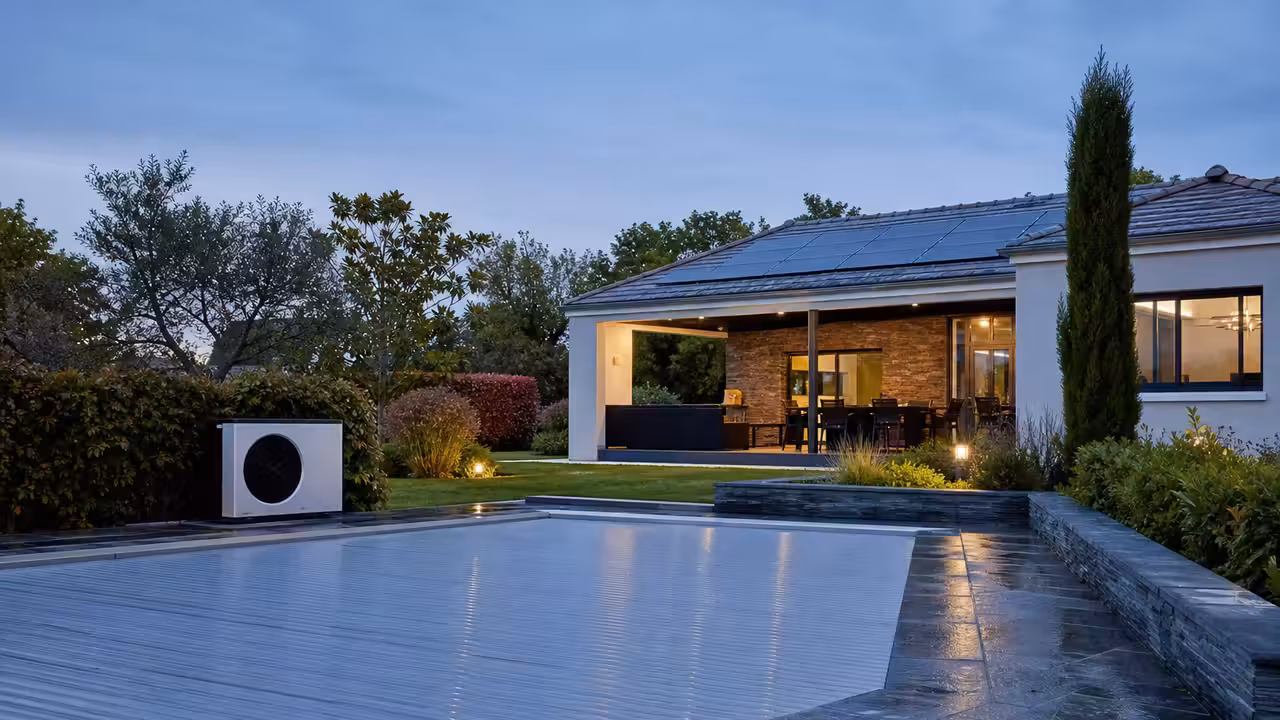 Piscine extérieure couverte au crépuscule, avec toiture équipée de panneaux photovoltaïques en arrière-plan
